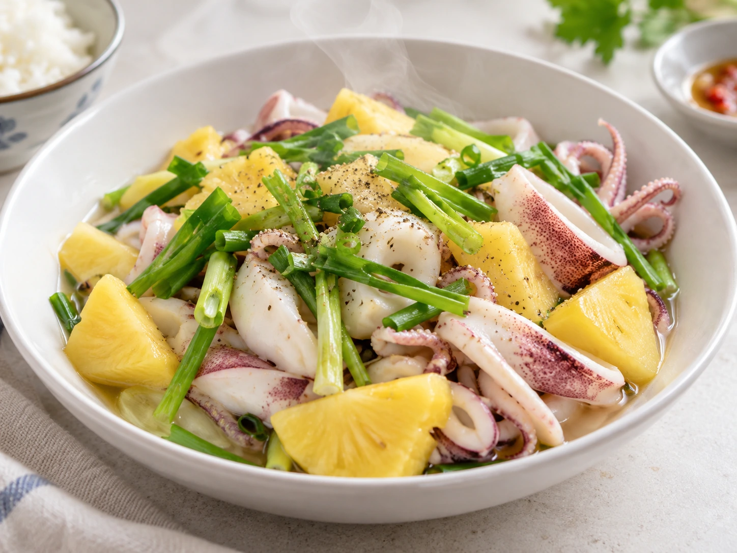 Gedämpfter Tintenfisch mit Ananas und Frühlingszwiebeln – vietnamesisches Rezept