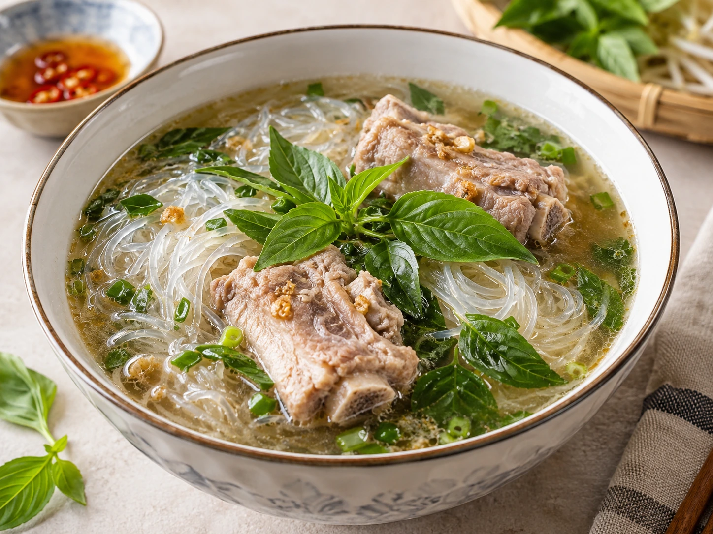 Vietnamesische Glasnudelsuppe mit Schweinerippchen und Basilikum