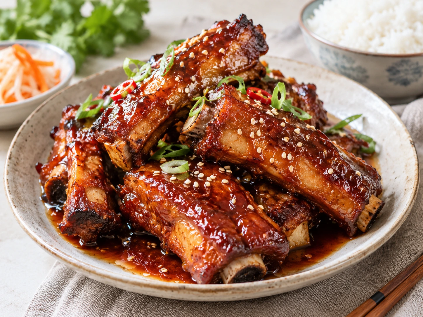 Vietnamesische süß-saure Rippchen mit glänzender Sauce und Sesam
