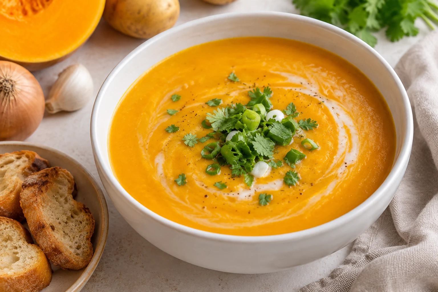 Cremige orange Kürbis-Kartoffel-Suppe mit Kokosmilch in weißer Schale, mit Frühlingszwiebel und Koriander.