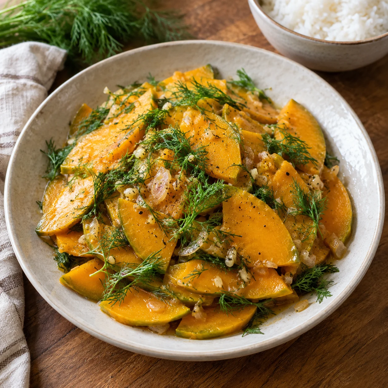 Gebratene orange Kürbisscheiben mit frischem Dill, Schalotte und Knoblauch in heller Keramikschale.