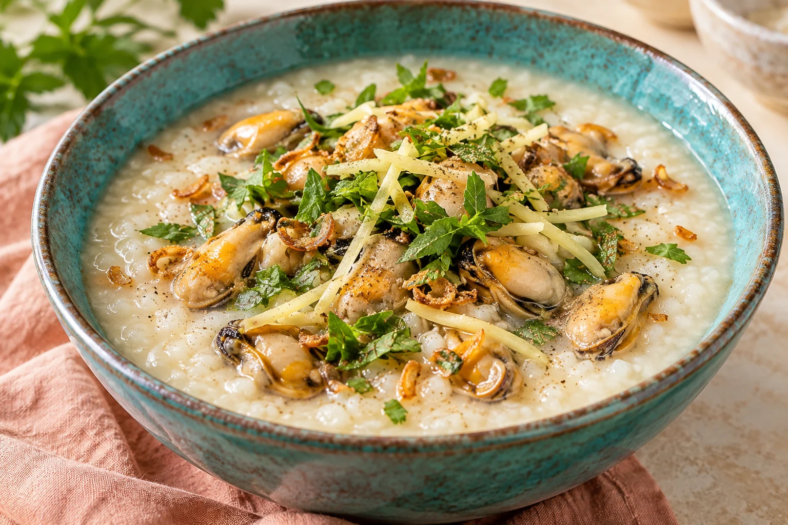 Schüssel mit cremigem vietnamesischem Reisbrei, Miesmuscheln, Ingwerstreifen, gebratenen Schalotten und grünen Kräutern.
