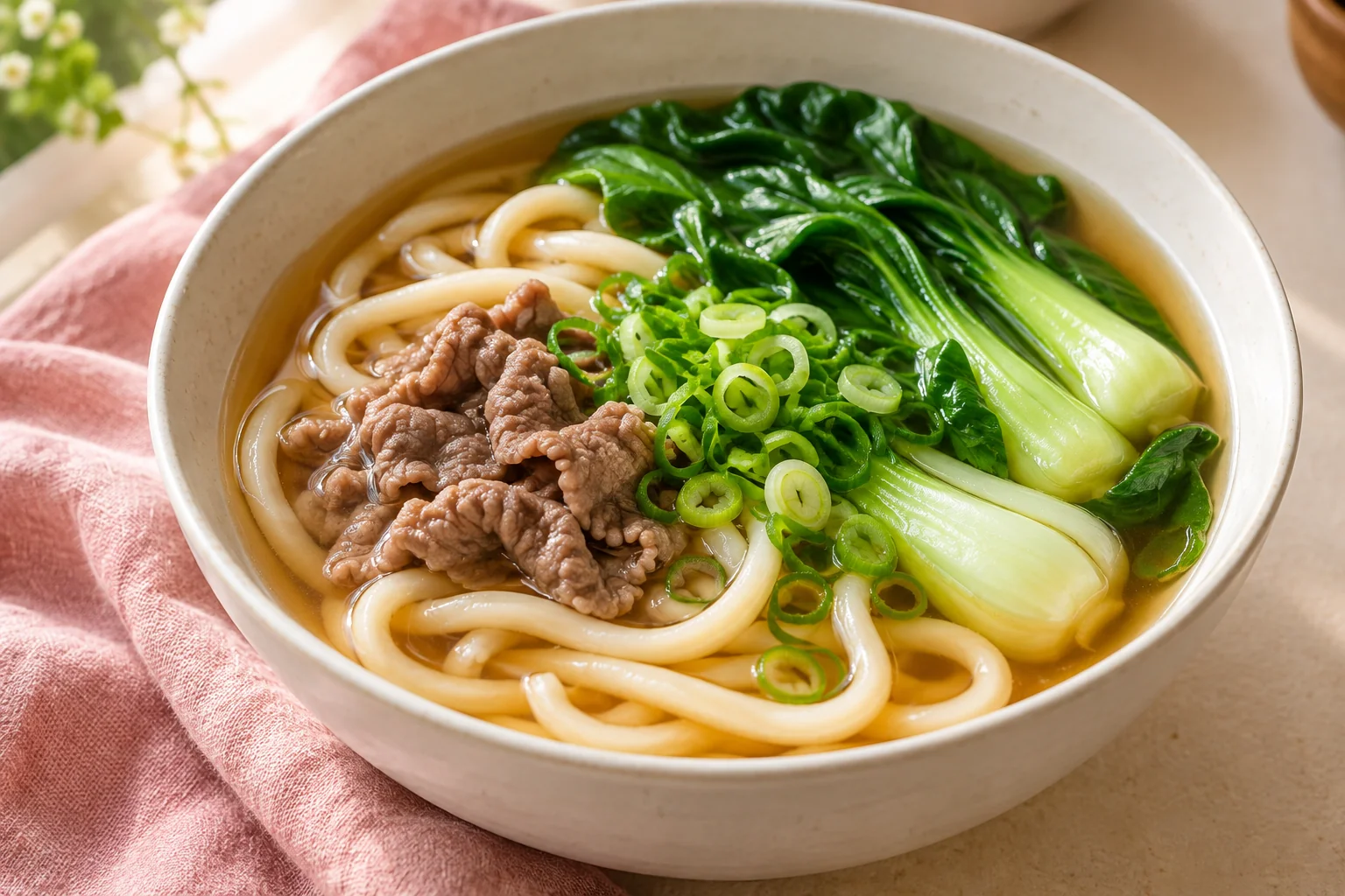 Udon-Suppe in einer weißen Schüssel mit Pak Choi, dünnen Rindfleischscheiben und Frühlingszwiebeln in klarer Brühe.